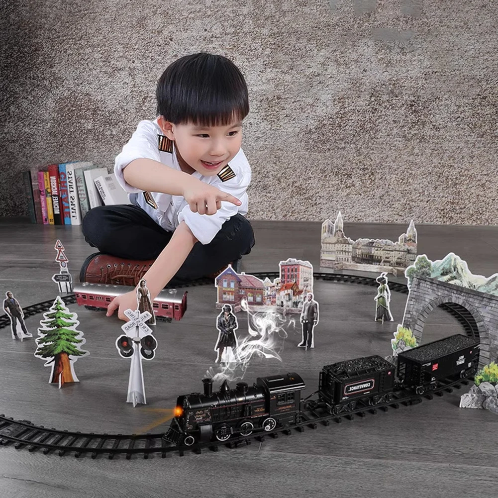 Electric Train Set with Steam Lights Vintage Carriages Railway Track Model Trains Toys Birthday Christmas Gifts for Boys Girls