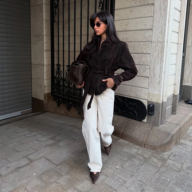 Fashion Dark Color Suede Fabric Stand Up Collar Jacket Women Causal Waist Cinched Broad Shoulder Coat Autumn High Street Outwear 4