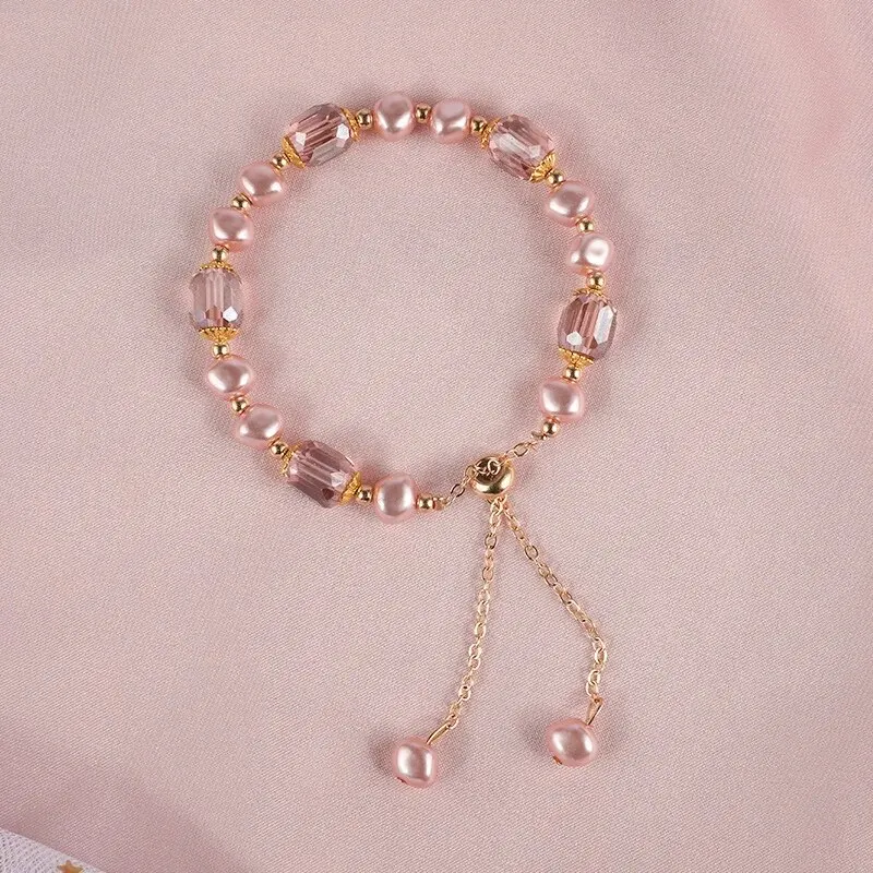Imitation Pearl Bracelets Elegant Pink Imitation Pearl Bracelets Exquisite Purple Crystal Beaded Adjustable Bracelets Bangle Female Wristband Accessories