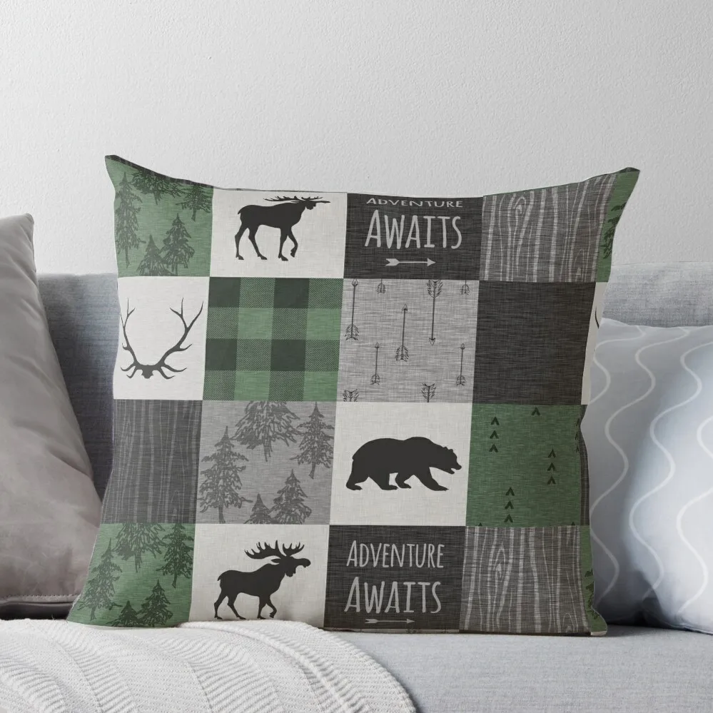 

Northwoods Adventure Patchwork - grey and green Throw Pillow Plaid Sofa Embroidered Cushion Cover