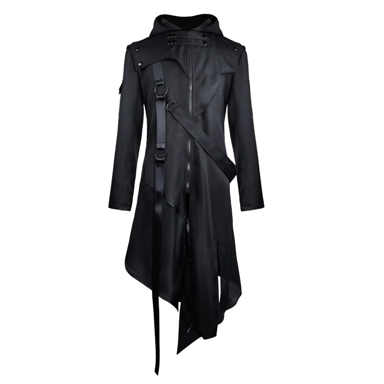 Male Vintage Gothic Coat Splice Zipper Belt Hooded Long Sleeve Long Jacket Steampunk Trench Coat Gothic Jacket Cosplay Costume