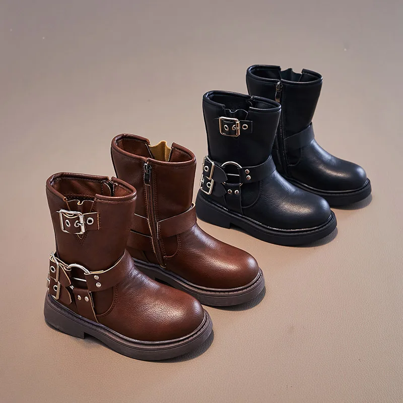 

Spring Autumn Boys and Girls Children Chelsea Boots Buckle Classic Buckle Britain Style Retro Kids Short Boots Non-slip 2023 PU