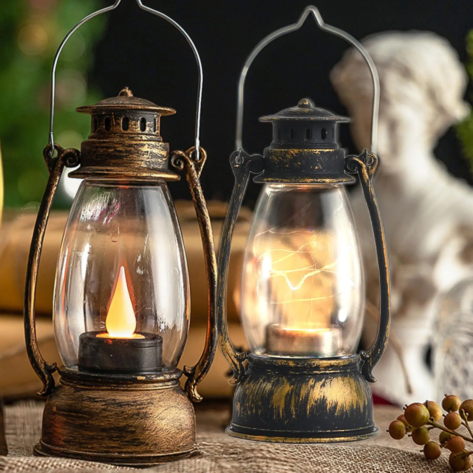 Vintage Lantern Battery Lanterns Decorative Indoor Flame Flickering Lights for Home Outdoor Night Patio Garden Tents Blackouts