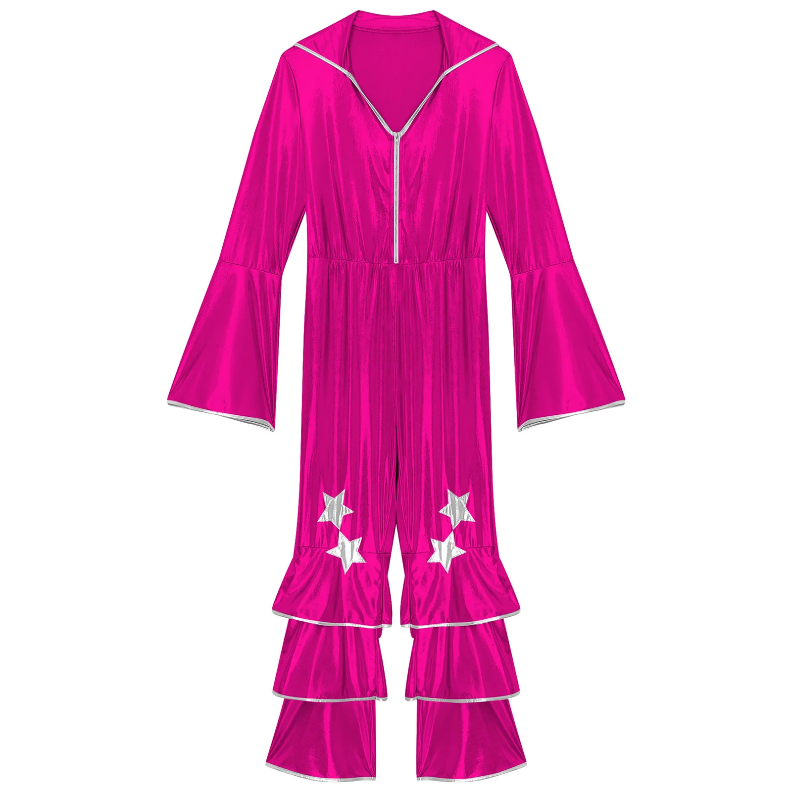 Frauen Retro 70er Jahre Disco Dance Kleidung Halloween Karneval Thema Party Hippie Cosplay Kostüm Langarm Glänzend Ausgestelltes Overall – Detail 13