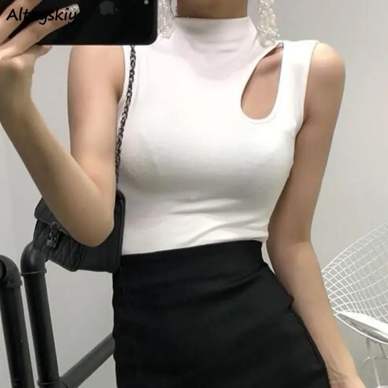Tanks Women Hollow Out Sexy Crop Top Senza Maniche American Elegant Half High Collar Simple All-Match Summer Design Comfort All'Interno