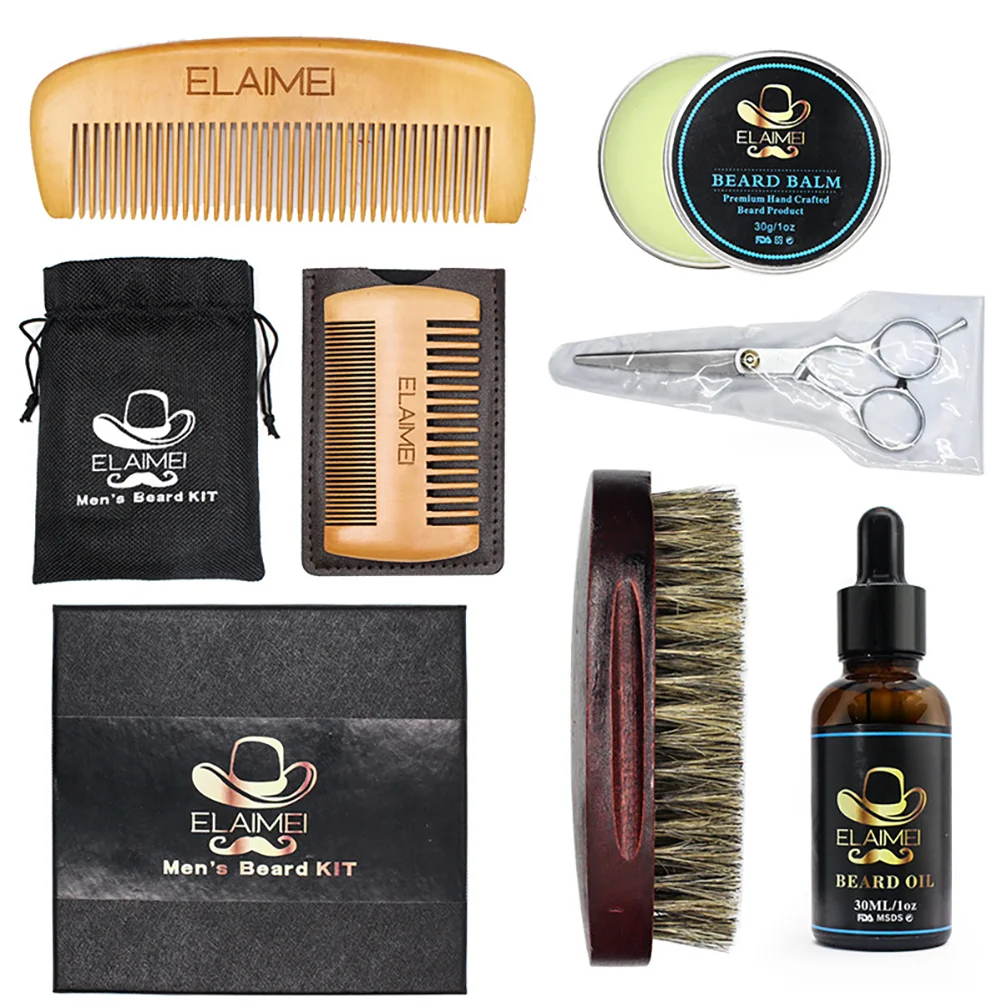 

6pcs Beard Grooming Kit Essential Oil Balm with Scissor Comb Brush for Men Daily Care Random Style