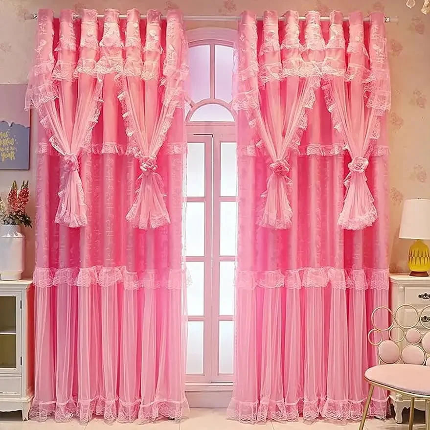 1 Panel 140cm Width Double Layer Curtain for Girls Bedroom Princess Style Jacquard Girls Curtains with Valances 5