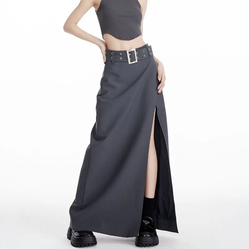 

Black split suit skirt for women's summer 2024 new high waisted design, A-line wrapped buttocks long skirt