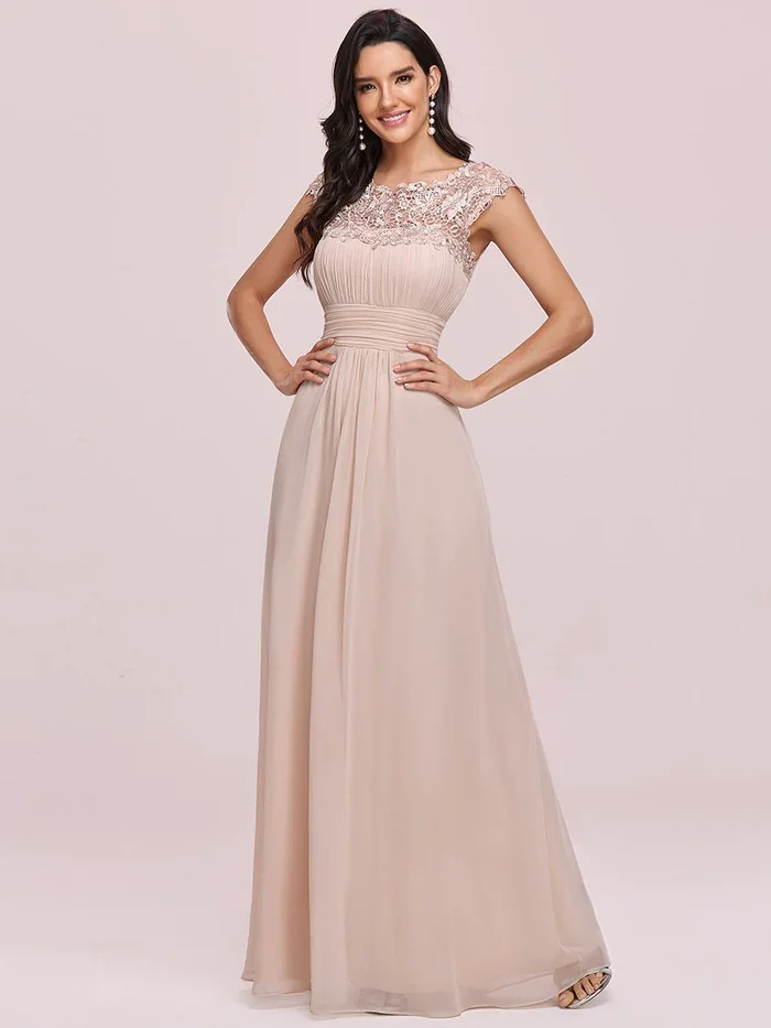 Ever Pretty Elegant Floor-Length Chiffon Evening Gown With Pleats And Short Lace Sleeves