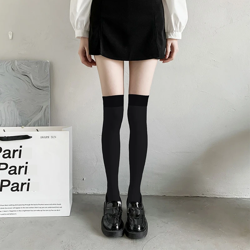 여성용 단색 양말, 블랙 화이트 허벅지 높이 양말, 귀여운 로리타 스위트, 얇은 긴 다리, 섹시한 스타킹