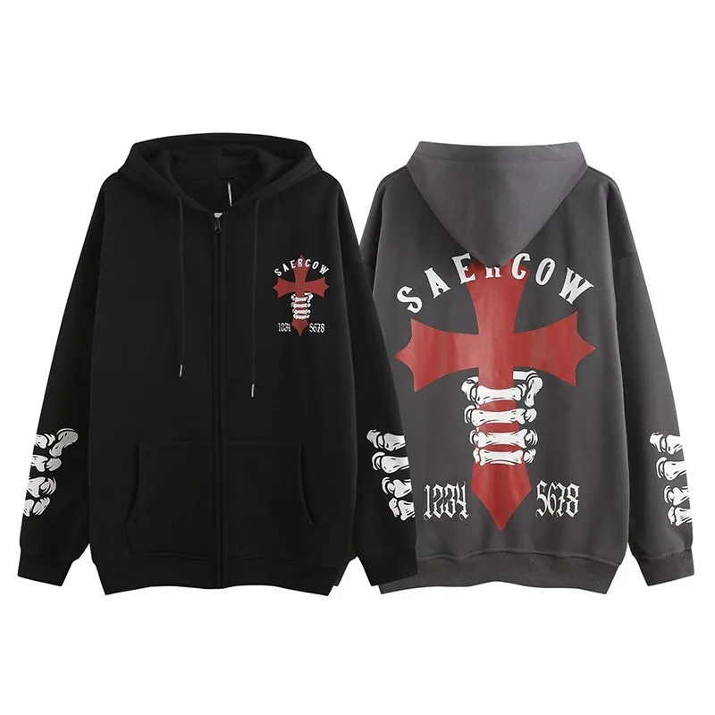 

American Fashion Trend Cross Letter Skull Print Hoodie Men's and Women's Autumn/Winter New Loose Oversized Zipper Sweater