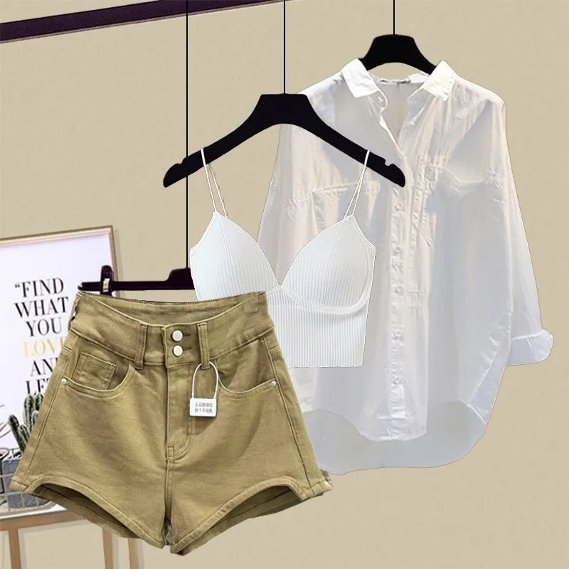 Spring/Summer Set Women's 2024 New Design Sense Sunscreen Shirt Fashion Tank Top Slimming Denim Shorts Age Reducing Three Piece