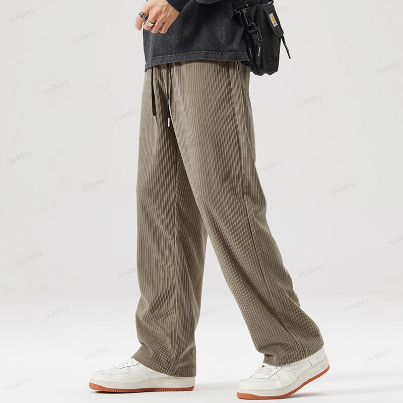 OUSSYU Brand Autumn Winter Men's Stripe Corduroy Pants Elastic Waist Drawstring Straight Thick Outdoors Loose Casual Trousers 4
