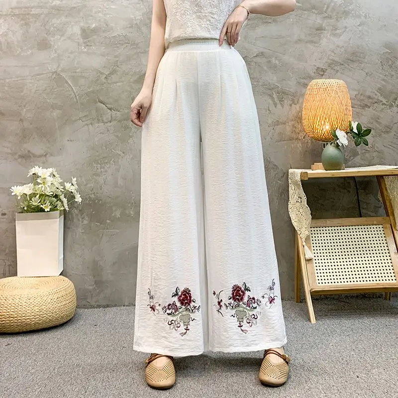 2024 Summer New Chinese Style Retro Folk Elasticized High-waisted Embroidered Ruched Loose Women's Wide Leg Cotton Linen Pants