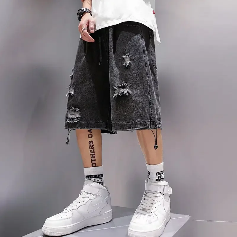 Denim Shorts Summer Men's Denim Shorts Trendy Loose-fit Seven-half Pants Holeed Casual Shorts Five-half Pants