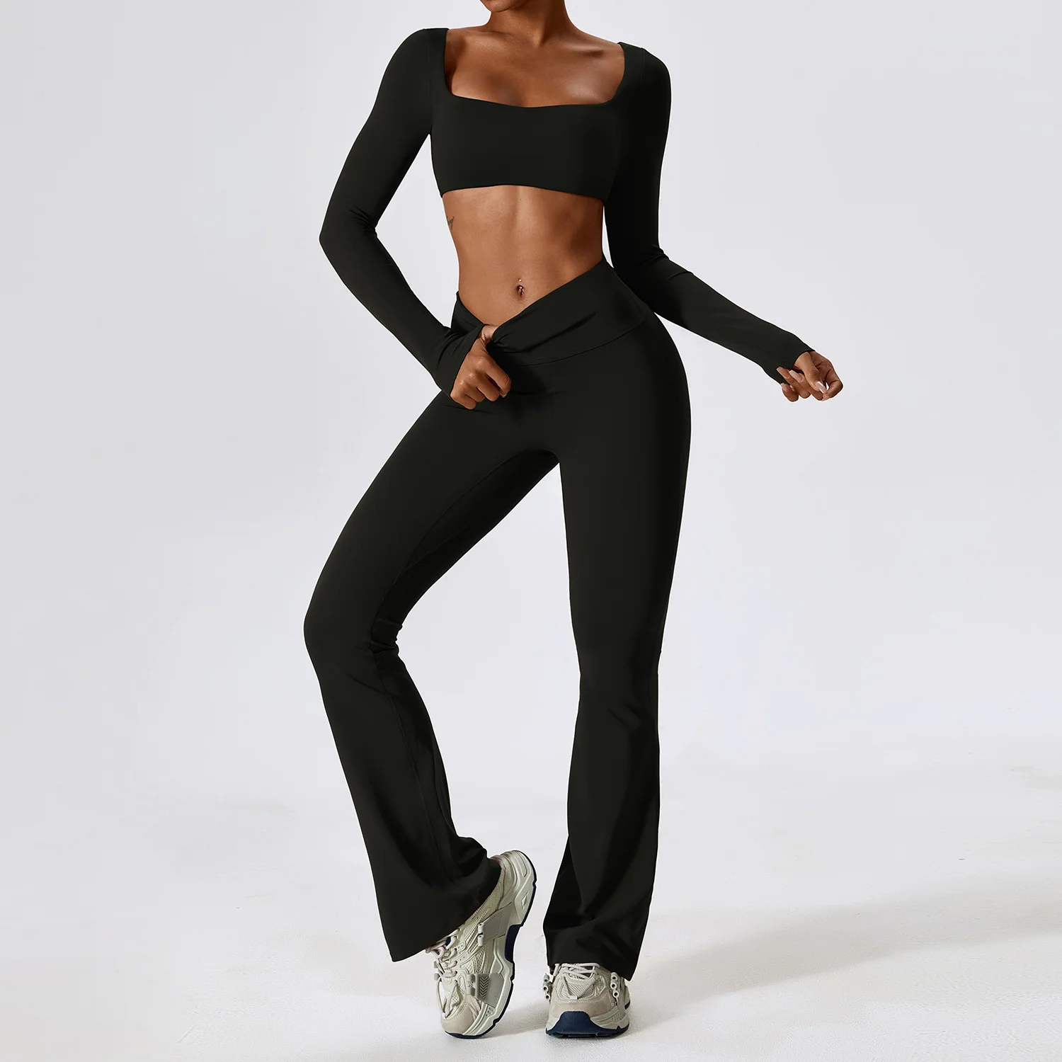 Sports Set NCLAGEN Women's 2pcs Gym Yoga Suit Tight Fitting Sports Set Workout Breathable T Shirts Bra Tank Top Loose Bell-bottoms Leggings