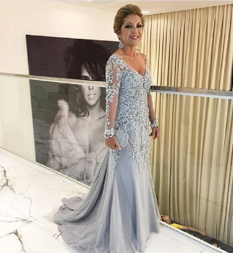 Mother Bride Dresses Gold Lace Mermaid Long Sleeves Applique V Neck Wedding Formal Party