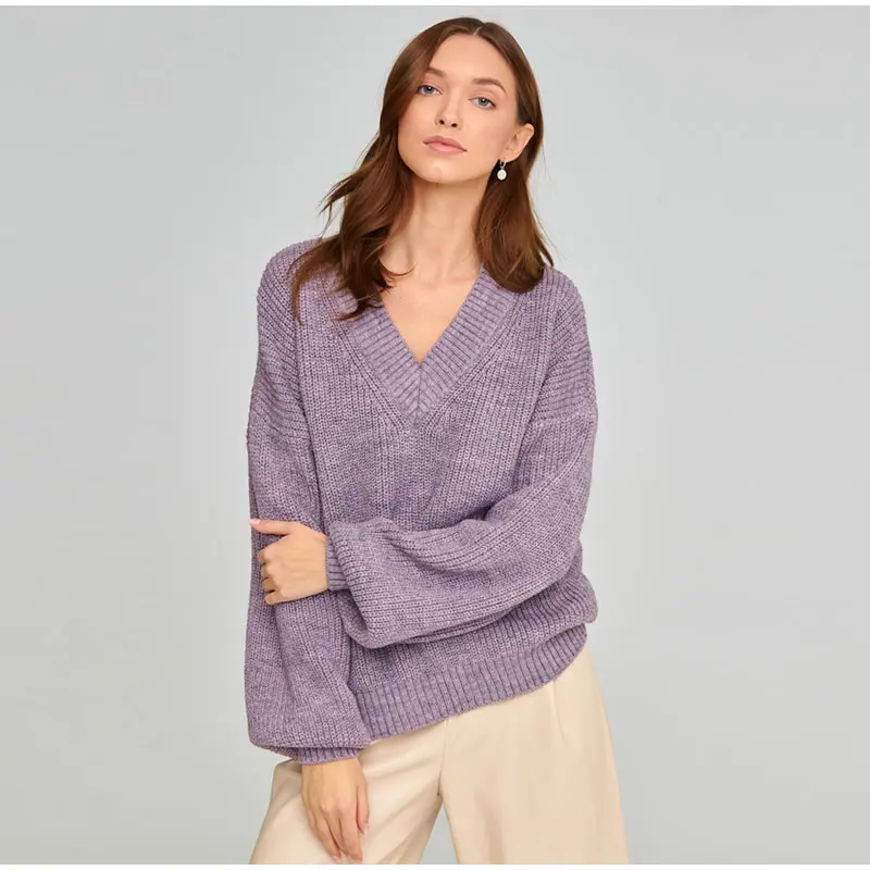 Shaker-Stitch Mohair Oversize Sweater  Women's V-Neck Pullover Autumn Winter V Neck Thick Warm Sweaters Loose Sweaters for Woman in Purple