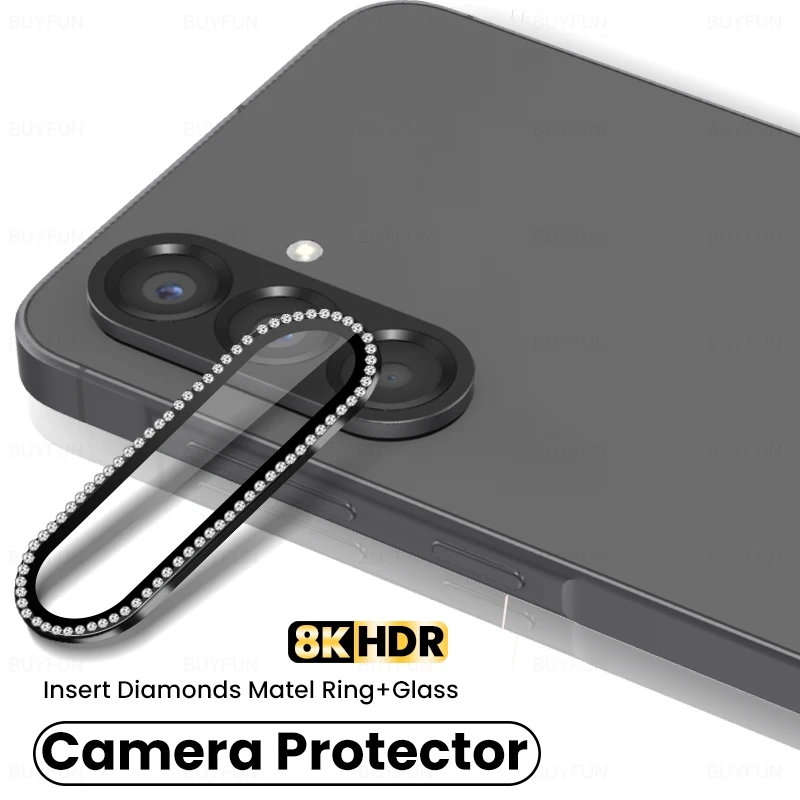 Luxury Diamond Metal Ring Case with Tempered Glass Camera Lens Protector