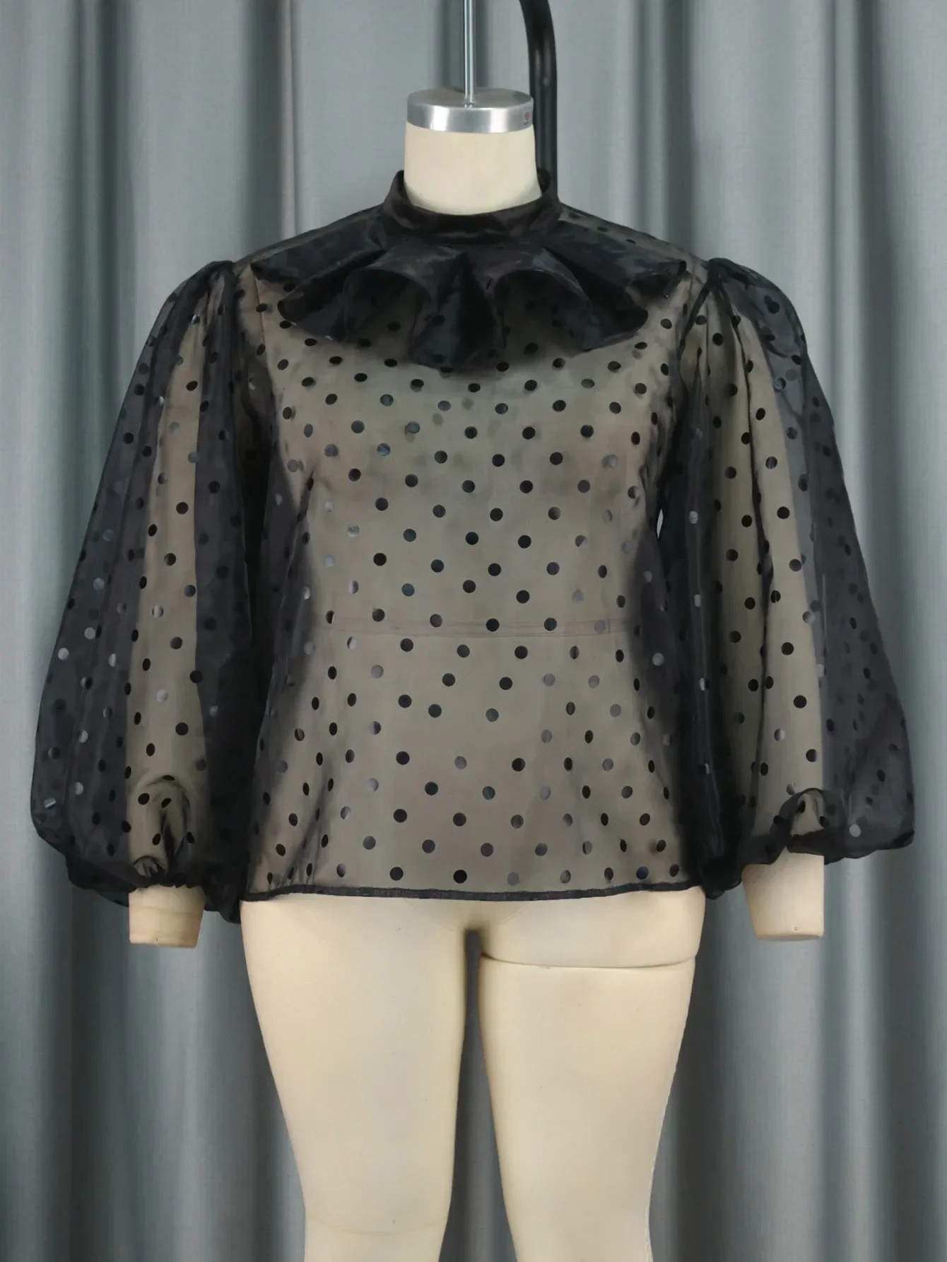 Black See Through Tops Polka Dot Ruffles High Neck Pullover