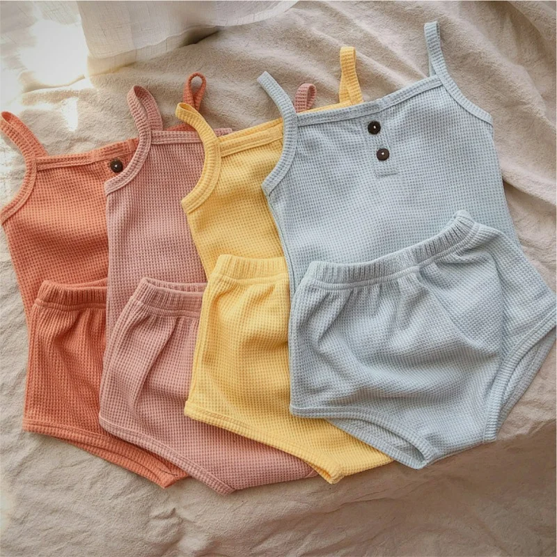 

2PCS Newborn Baby Outfit Set Suspender Vest Sets Fallow Cotton Solid Color Sleeveless Briefs Boys Girls Summer Clothes 0-24M