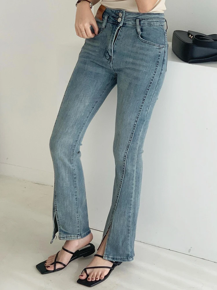 Vintage Washed 2 Buttons Split Jeans Women 2023 New High Waist Micro Flare Denim Pants Female Korean Fashion Slim Trousers Girls
