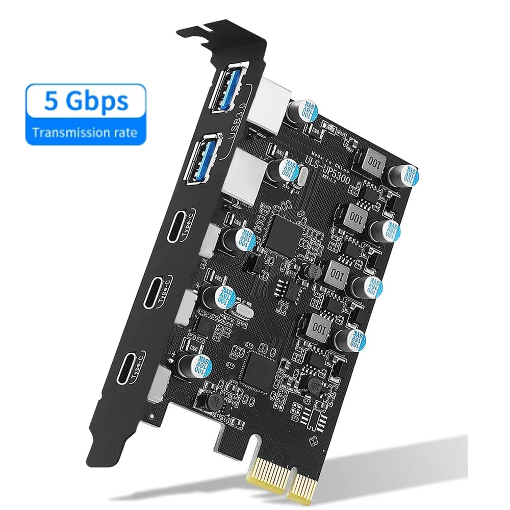 Pcie Adapter Card Pcie Expansion Card Pcie Usb Adapter Card 5 ports 5Gbps PCIE Expansion Card PCIE 1X To 5 Port Type C USB A USB 3.0 Adapter Controller PCI Express Riser Card Extender