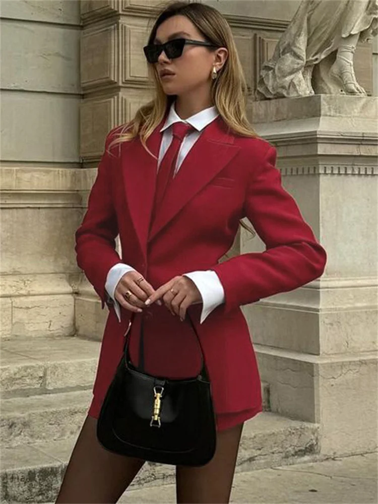 Female 2 Piece-Set Elegant Neckties Suit Pocket Outwear And High Waist Shorts Sets Commute Clothes Women's Outfits Autumn