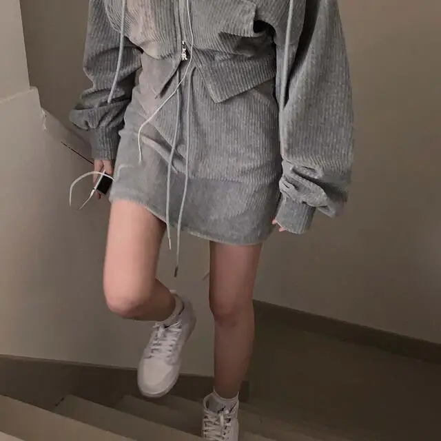 Korean CHic Corduroy Two-piece Skirt Sets Women Hoodie Crop Top Coats Bodycon Mini Skirt Autumn Winter New Outfits Casual Suit