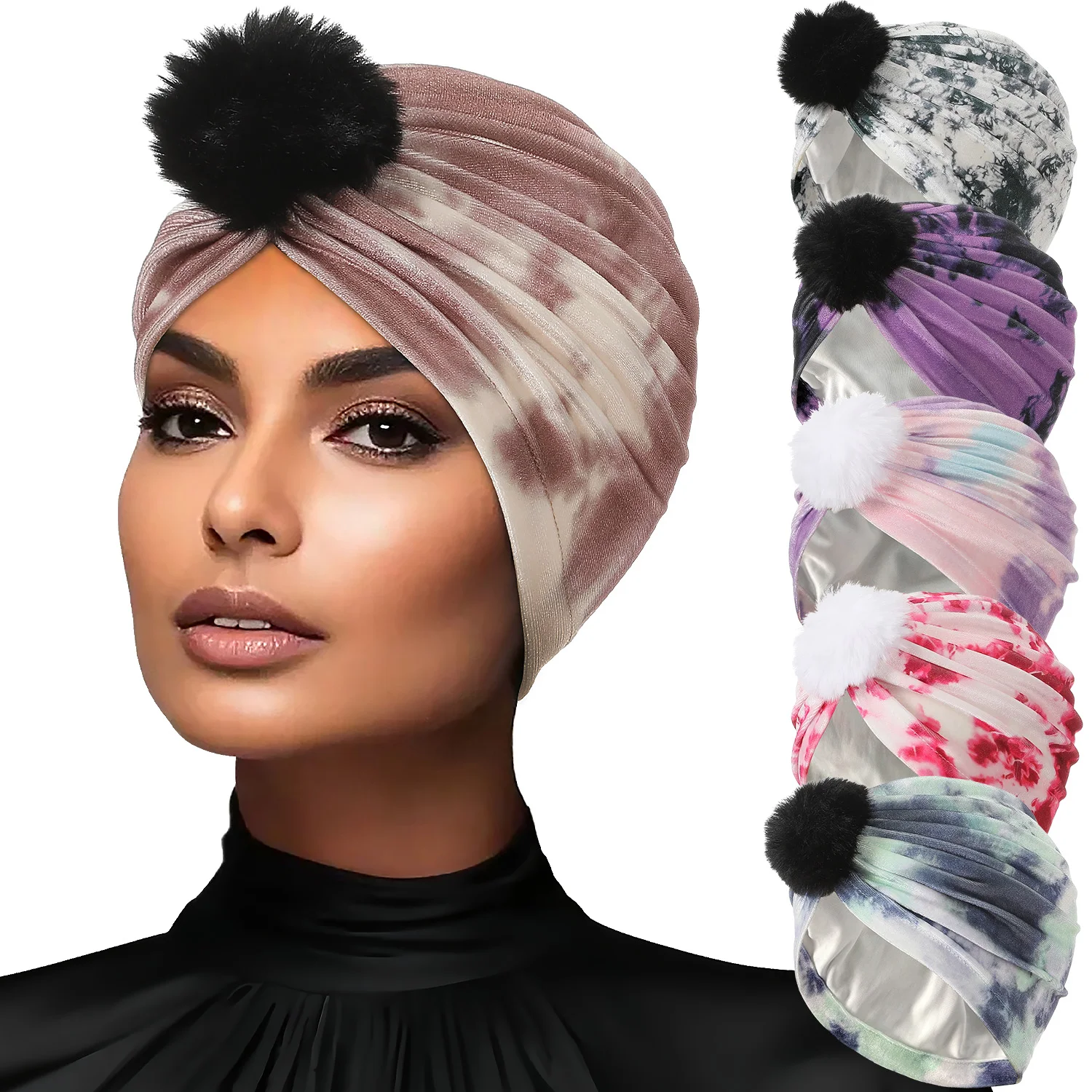 2024 Winter neue Velet Turban Hut Wolle Ball Dekoration Kopf bedeckung Indien muslimische Motorhaube Kappe Damen Kopftuch Kopf wickel Haar abdeckung