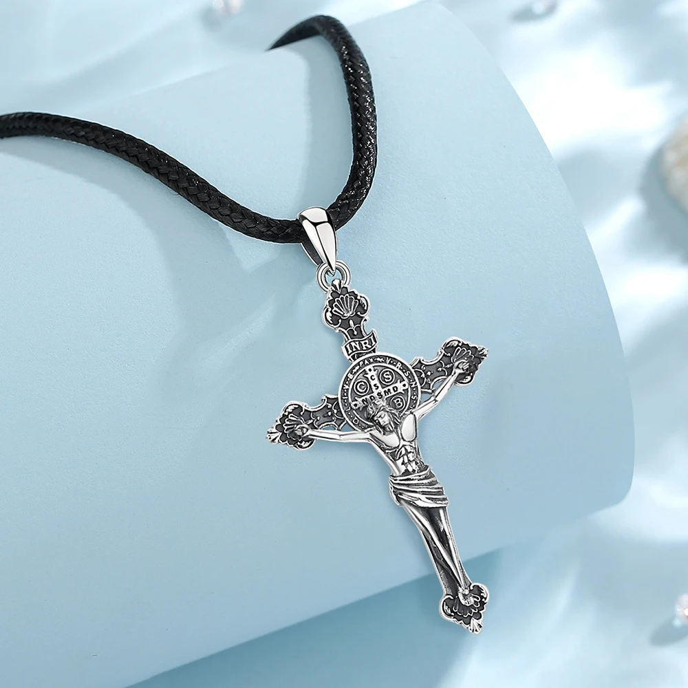 Eudora collana gesù in argento Sterling 925 croce di san benedetto ciondolo amuleto Vintage gioielli religiosi regalo per uomo donna