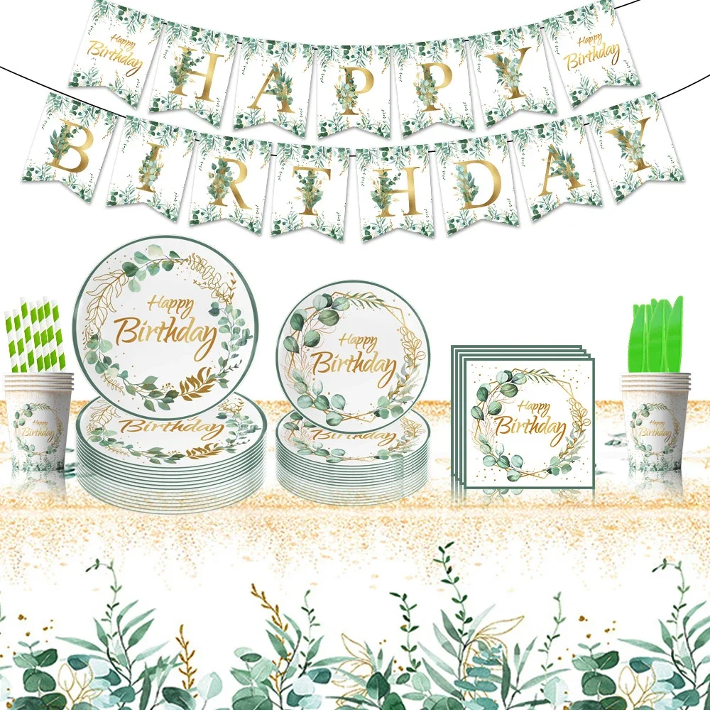 

Eucalyptus Leaves Theme Party Decoration Green Leaves Disposable Tableware Paper Cup Plate Tablecloth Birthday Party Supplies