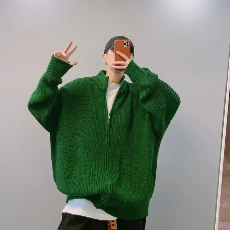 

Knit Sweater Male Solid Color Plain Cardigan Men's Clothing Green Zipper Jacket Zip-up Collared Coat Street Korean Style Heated