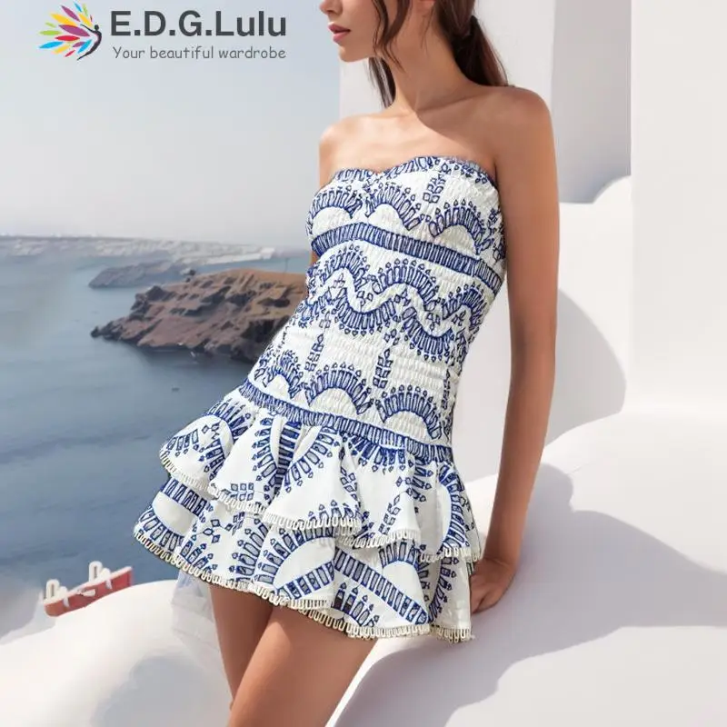 

EDGLuLu Sexy Backless Black Elegant And Pretty Women's Dresses Strapless Elastic Ruched Patchwork Lace Mini Party Dress 1223