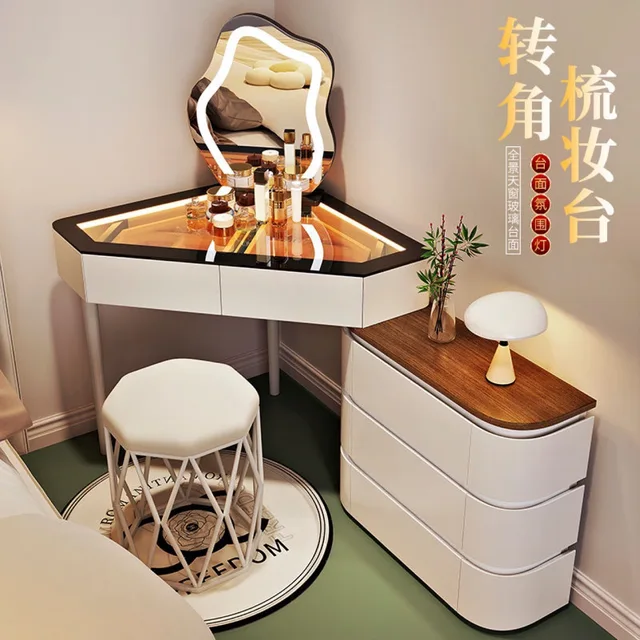 Commode pour petit appartement, chambre à coucher, coffre de rangement moderne et Simple, Table de maquillage intégrée en bois massif de Style crème minimaliste 1