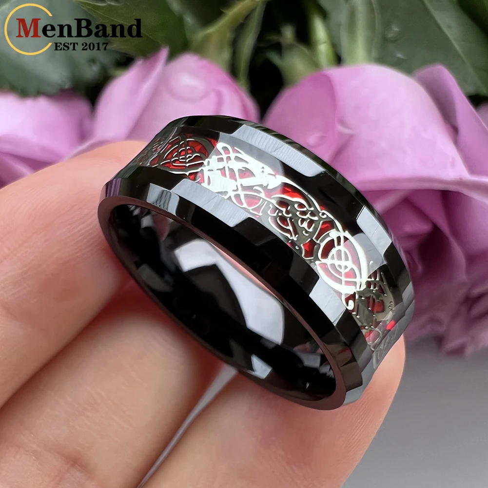 MenBand New style 8MM Tungsten Carbide Wedding Band Rings red Color Dragon And Silver Carbon Fiber Inlay Comfort Fit