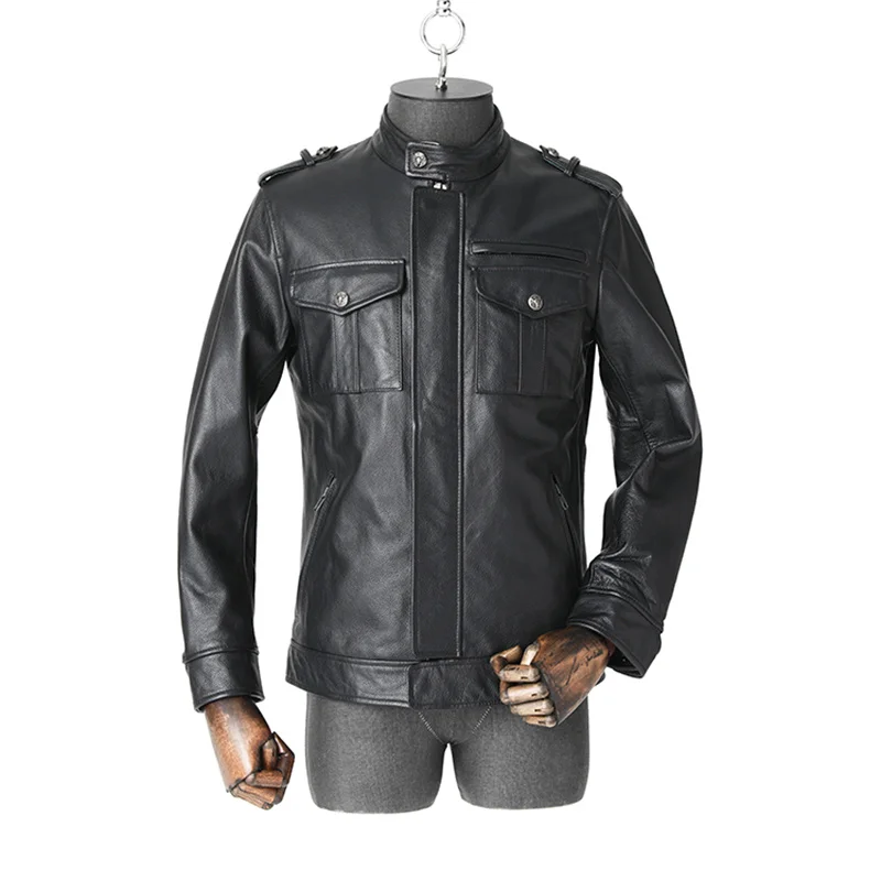 Men's Top Layer Cowhide Jacket Leather Collar Outdoor Sport Hunting Combat Travel Military Army Tactical Clothing Camping Coat