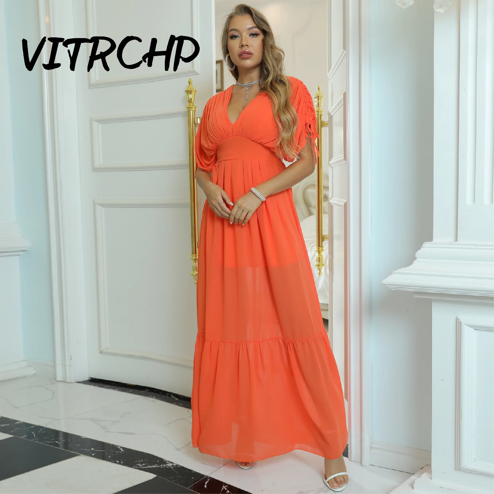 

Banquet Dress Orange Chiffon Sexy V-Neck Pleated Drawstring Clothes Puff Sleeve Evening Lovely Vestido Con Tul Robes De Cocktail