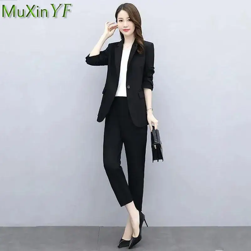 Korean Fashion Women Two Pieces Pants Set 2022 Spring Autumn Office Lady Graceful Blue Suit Coats+Trousers Sets OL Clothing New