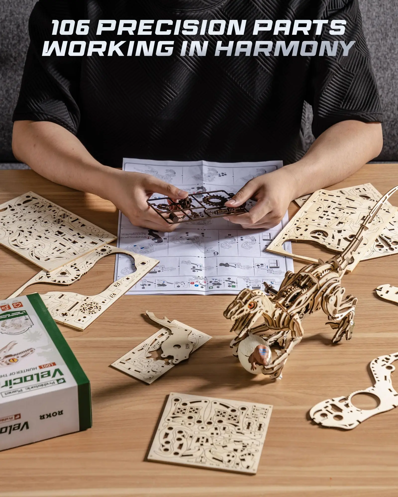 로보타임 로크르 벨로시랩터 기계식 3D 나무 퍼즐 다이나믹 기어 창의적인 휴식 선물 (공예 애호가, 어린이, 성인용)