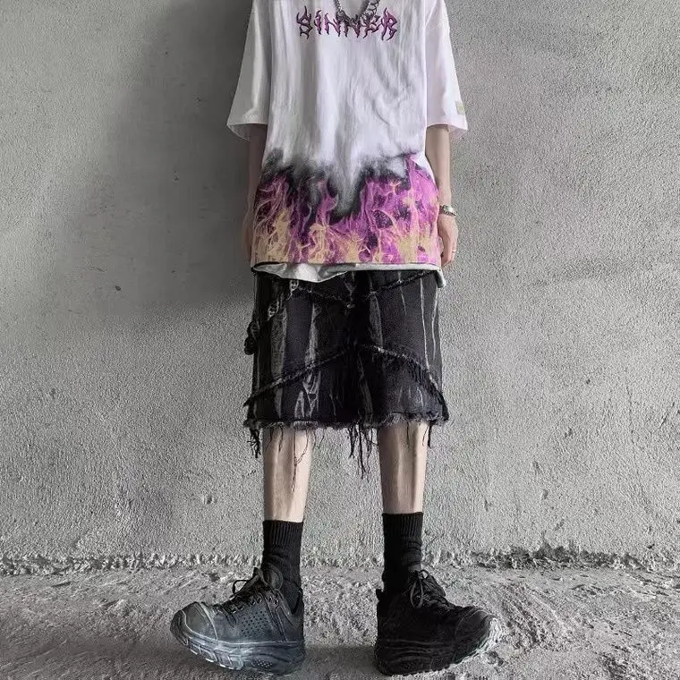 Tie Dye Frayed Denim Shorts Men Vibe Knee Length Male Vintage Gothic Punk Y2K Shorts Hippie Streetwear Distressed Tassel Shorts
