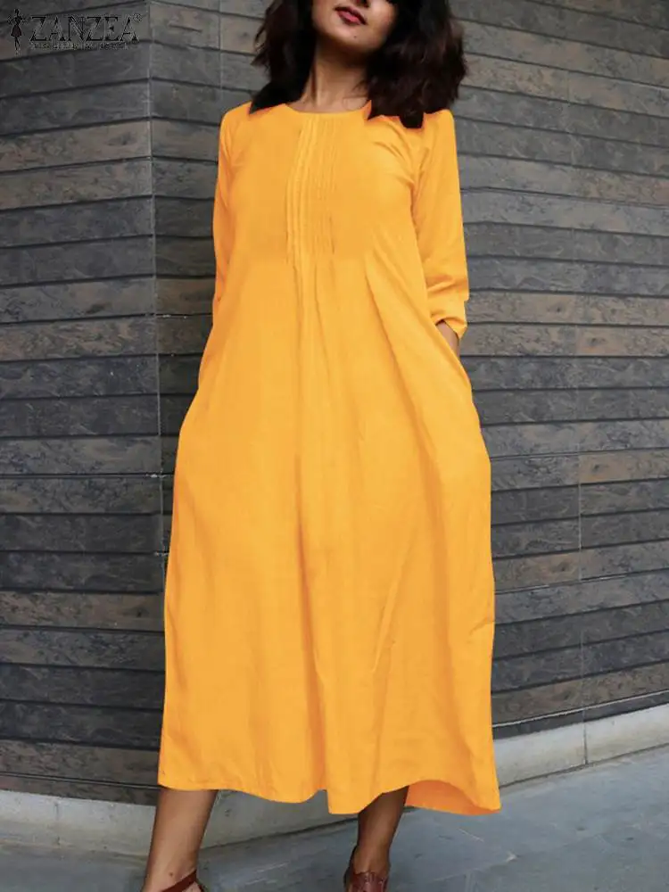 

ZANZEA Casual Solid Vestidos Fashon Loose Women Maxi Dress 2023 Autumn 3/4 Sleeve Dresses Vintage Pleated Round Neck Long Robe