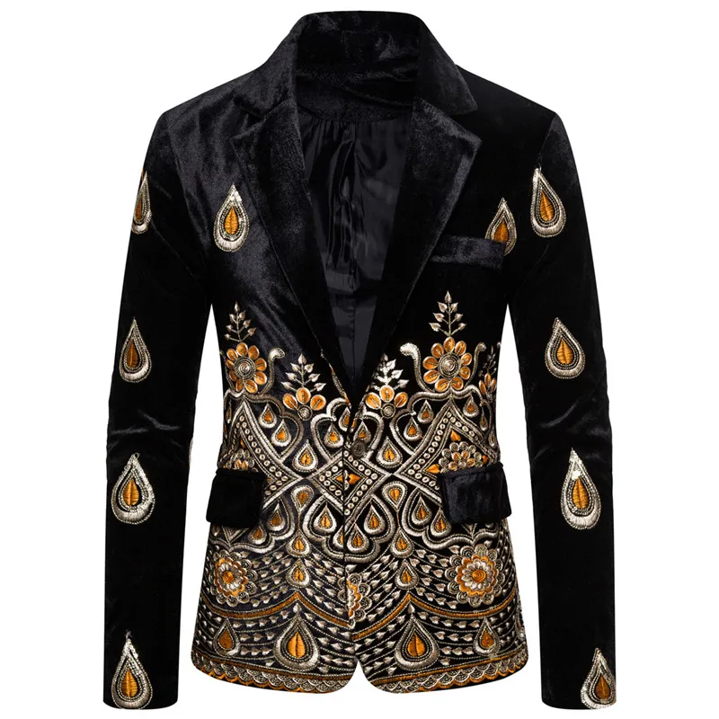 Men's Luxury Blazer Costume Stage Jacket Suit Male Velvet Gold Thread Embroidered Dress Suit for Men