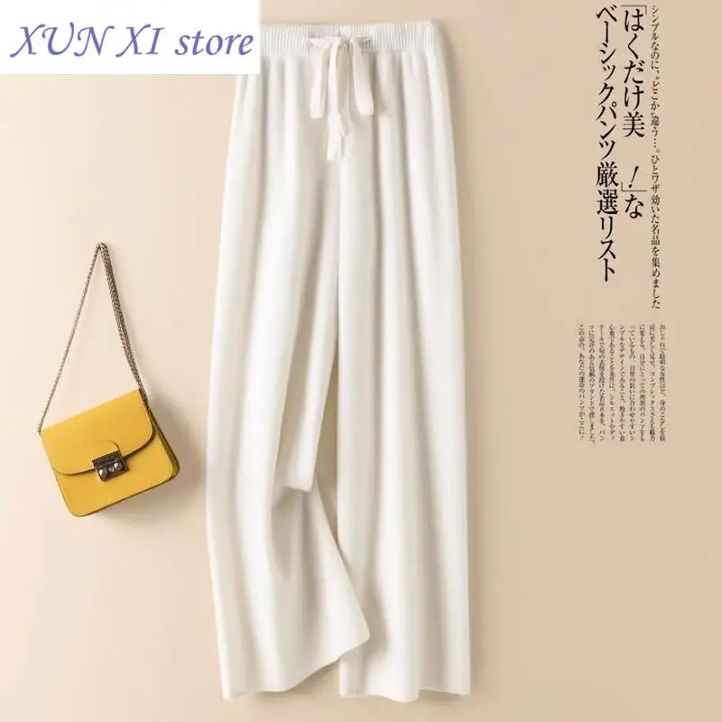 New Knitted Wide-leg Pants for Women in Autumn Winter Thickened High-waisted White Straight Casual Floor-length Pants y2k pants