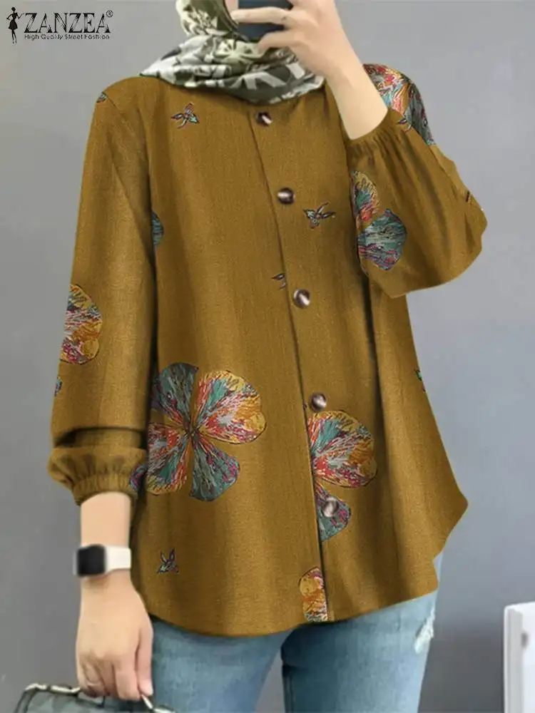 

Vintage Muslim Hijab Tops Bohemian Printed Blouse ZANZEA Women Long Sleeve Shirts Eid Mubarek Causal Abaya Autumn Female Blouses