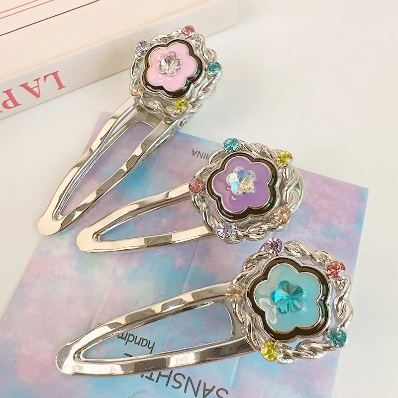 Sweet Cool Y2K Shiny Zircon Silver Metal Heart Hairpin for Girls Headdress Summer Korean Flower Clips Barrettes Hair Accessories