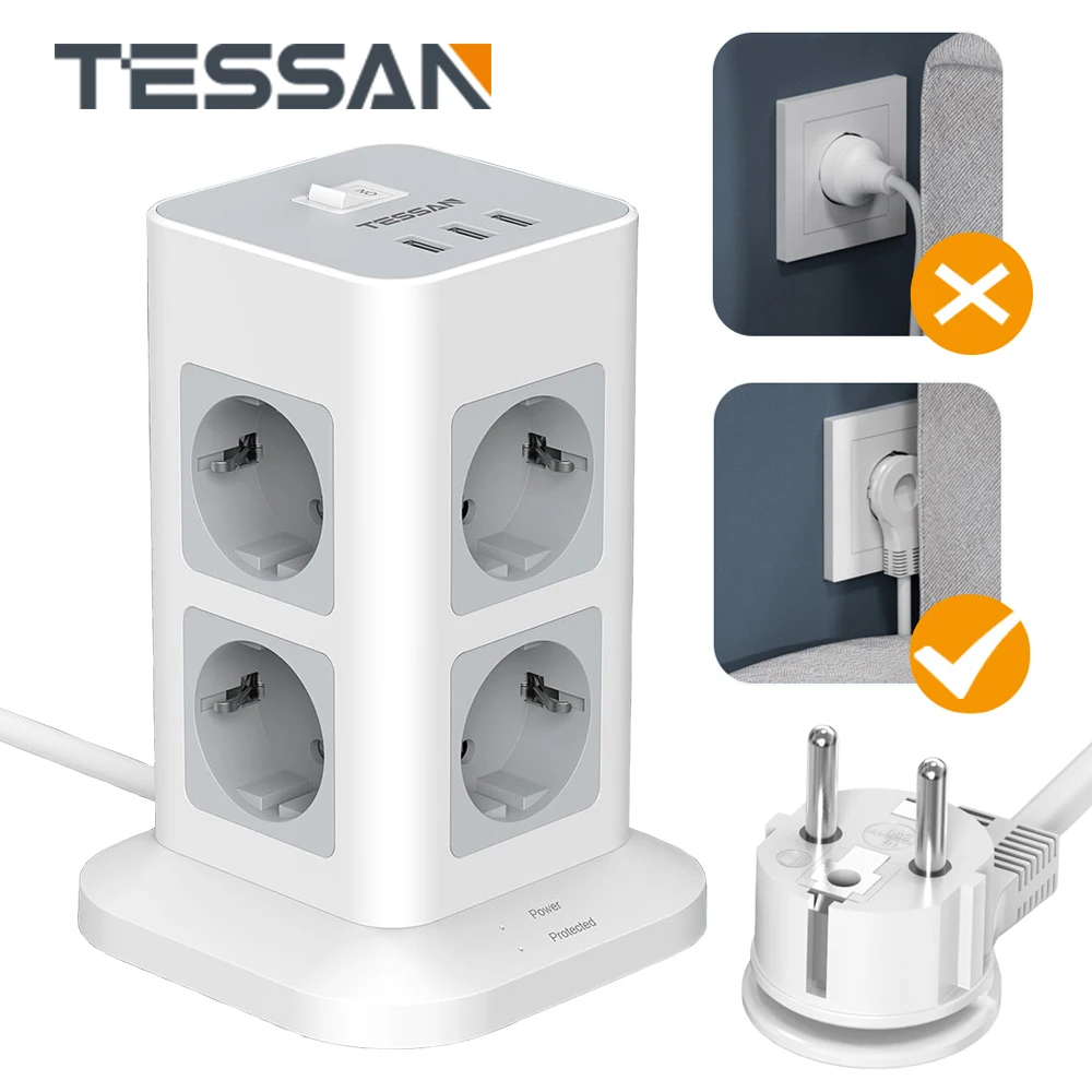 Estensione Presa Tessan Ciabatta Europea Con Multipresa E Porte Usb Adattatore Spina Tower Eu Con Cavo Di Prolunga A Spina Piatta Da 2M
