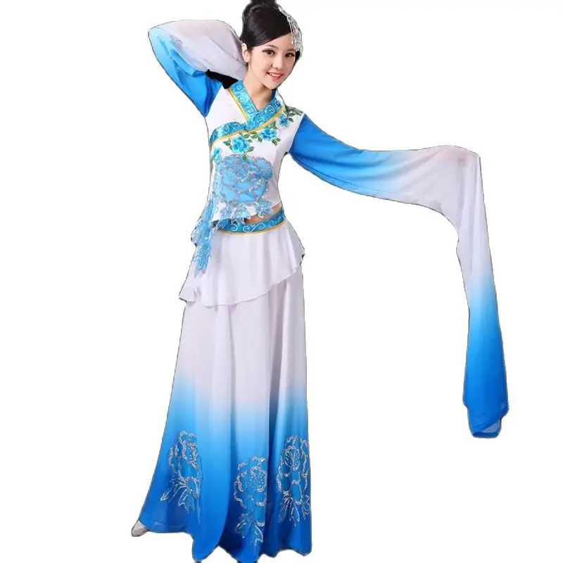 

Китайские классические танцевальные костюмы с длинными рукавами, традиционное танцевальное платье для народных представлений, сказочный хвост