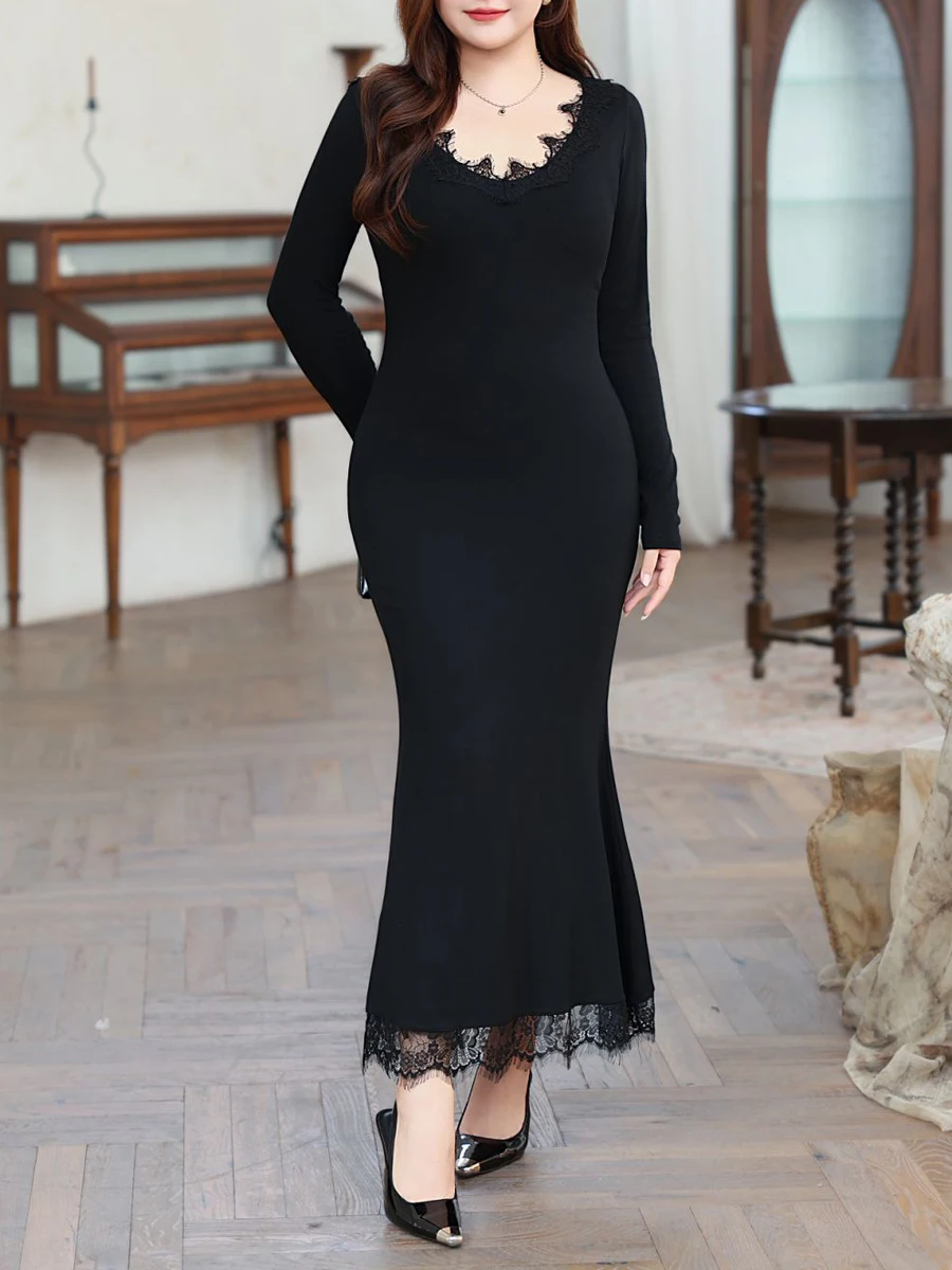 Plus Size Women's Mermaid Dress Premium French Slim Sexy X-Shape Lace Splicing Basic Fishtail Dress Fall/Winter 2025