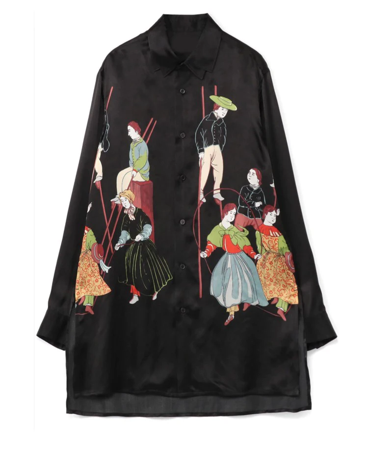 

Japanese diablo luxury high quality goth niche designer joint old money style new Chinese silk print long-sleeved shirt